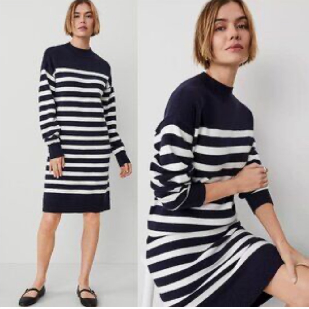 Ann Taylor Classic Timeless Navy Blue and White Striped Sweater Dress Size MP